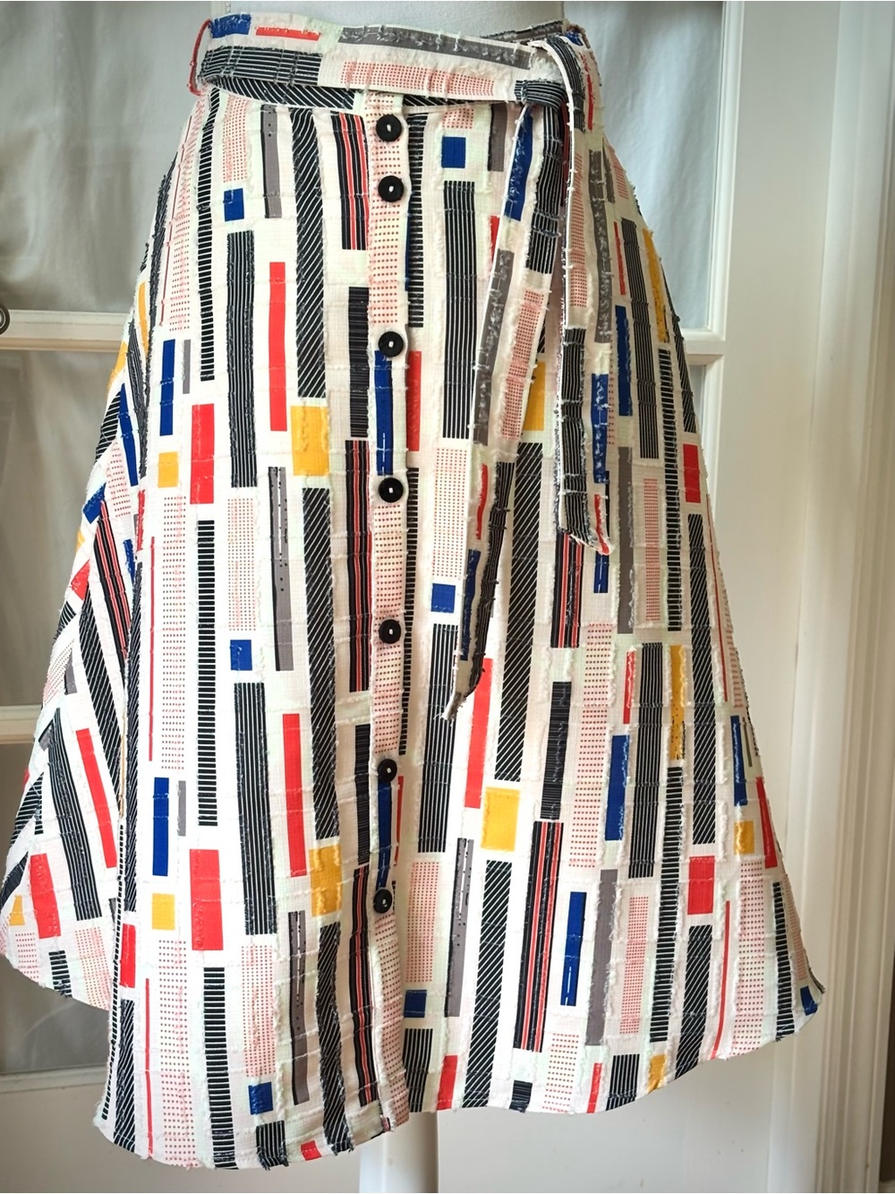 Hutch Anthropologie Geometric Jacquard Button Front Belted Midi Skirt Sz 2